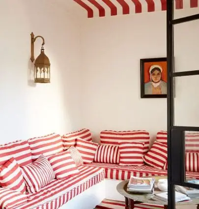 Inside Tangiers book - red striped banquette design on Thou Swell