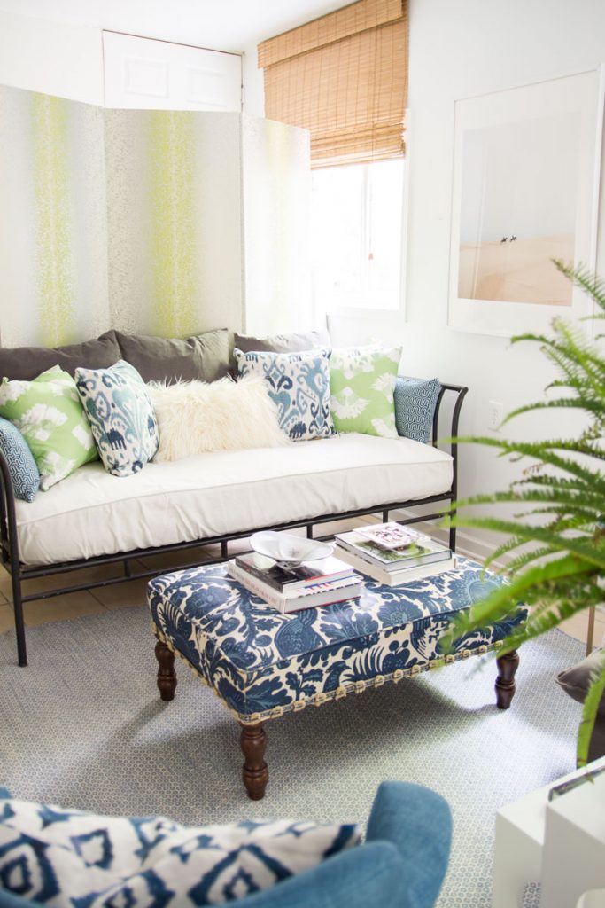 Blue and green guest room design with folding screen on Thou Swell