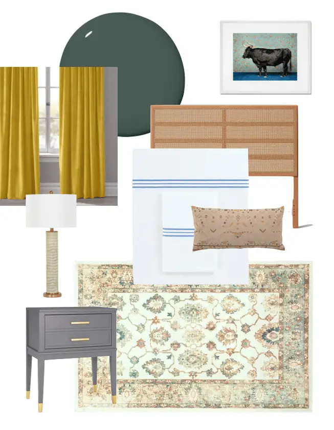 Terrace Drive Project bedroom design board by Kevin O'Gara on Thou Swell with dark green paint, yellow curtains, blue bedding, and vintage style rug